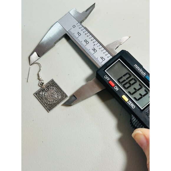 925 Stamped Mexico Aztec Calendar .5" Square .8" Drop Pierced Earrings - Picture 4 of 5